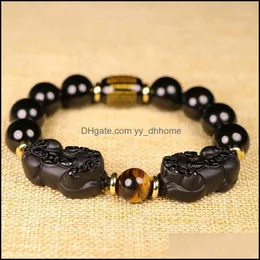 Beaded Strands Armband smycken Natural Black Obsidian Armband Tiger Eye Stone Double Pixiu 10 12 14 16 MM Lucky Brave Troops Women