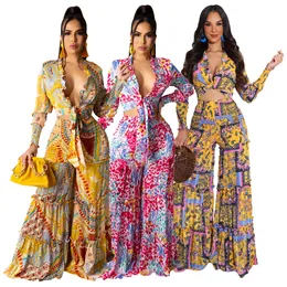 Elegant Two Piece Ruffles Classy Pants Suits Women Long Sleeve Tie Front Blouse Shirt & Ruched Wide Leg Loose Pants Set