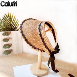 Wide Brim Hats Caluriri Japanese Raffia Empty Top Hat Women Summer Sunshade Lace Pearl Straw Visor HatWide Wend22