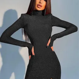 Wannathis Mini Dress Women Fashion Turtleneck Equin Disual Sexy Side Splits Long Sleeve BodyCon Streetwear Party Dresses الأنيقة 220607