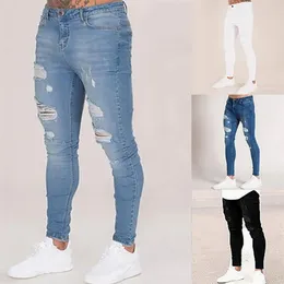 Blyertsbyxor Elastiska svettbyxor Män passar fast rippad denim Harem Pants Casual Black Blue White Destroyed Jeans Pants 220704