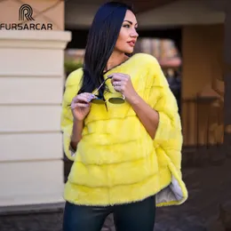 Fursarcar Real Mink 모피 코트 정품 가죽 판초 자연 가을 겨울 여성 진짜 모피 고급 의류 여성 겉옷 201103
