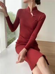 Sukienki swobodne stojak w stylu chiński w stylu długim rękawem sukienka bodycon biodra szczupła szata femme elegancki temperament vestido feminino retro dzianin