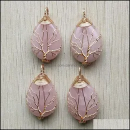 Charms Gold Color Pink Rose Quartz Wire Wrap Handmased Tree of Life Natural Stone Pendants Diy Necklace Jewelry Making Dr DHSeller2010 DH1TI