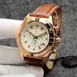 44 -мм хрономат B01 Качественные часы хронограф Движение Quartz Rose Gold Silver Dial 50th Angary Men Watch кожаные ремни.