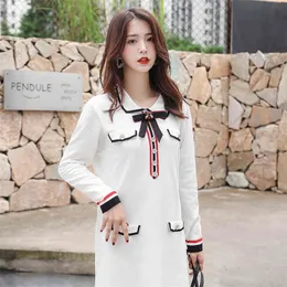 JXMYY Fashion Products Summer Xiaoxiangfeng Polo Neck Bow Long Sleeve Temperament Knit Dress Women 210412