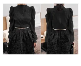 Kvinnors blusar skjortor Spring Korean Fashion Women#039; s Stand Collar Long Sleeve Puff Brodery Lace Patchwork Chiffon Ol Blouse Sh