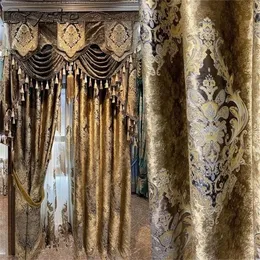 European Luxury Velvet Blackout Curtain Carved Gold Curry Villa Gardiner för levande matsal sovrum Windows Valance 220511