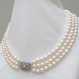 18" Triple Strand Natural 7-8mm Akoya Round White Pearl Necklace