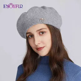 Enjoyfur Women Knitted Wool Beret Hats Warm Autumn Winter Double Lined Female Caps Fashion Rhinestone Casual Artist Hat J220722