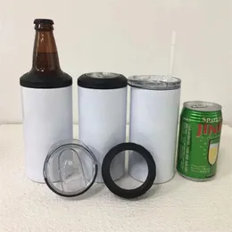 16oz Sublimation Mugs Can Cooler Stainless Steel Straight Skinny Tumbler Insulated Travel Cup Beer Holder With Handle Lid