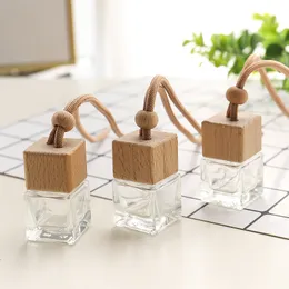 Square Shape Glass Car Perfume Bottles Pendant 6ml Perfume Empty Hanging Diffuser Bottle with Wooden Cap