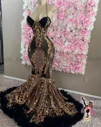 Sexy Robe de Soirée Femme Prom Dress Mermaid z piórami 2022 Czarne Cekiny Suknie Wieczorowe Dziewczyna Party Nosić BES121