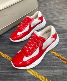 Prad Americas Cup Sneakers Luksusowy projektant Mężczyzn Klasyka swobodne buty Patentowe skórzane nylonowe górne gumowe żółte wysoko topowe spacery na zewnątrz QQ4C