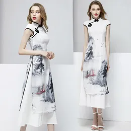 نساء الصيف Cheongsam Qipao سهرة اللباس الصيني الشرقي Lmoved Ink Print Dresses التقليدية الملابس العرقية