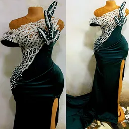 Hunter Green Sirena Abiti da ballo 2022 Sheer O-Collo In Rilievo Stain Plus Size Arabo Aso Ebi Sexy Abiti da Fidanzamento da Sera con Lo Spacco