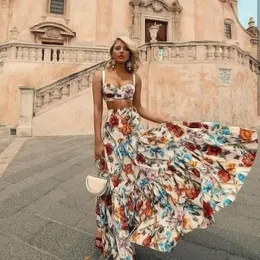 Bellflower Floral Summer Maxi Dress Dames Mouwloze Boheems Long Beach Sexy jurken Plus maat 2 -stuks set Women1