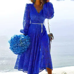 Vestidos casuais Mulheres férias 2022 moda elegante e doce renda para fora vestido sexy festa sólida outono vestidos azul