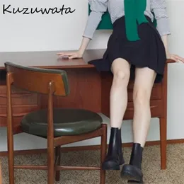 Kuzuwata Autumn Women Jupe Japanese Temperament Falda High Waist Metal Button Belt Slim Solid Plaid Mini Skirt 220317