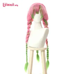 L-correo electronanico peluca de pelo sintético kanroji mitsuri cosplay peluca larga rosa mezcla verde trenza fiesta oporność al calor para220505