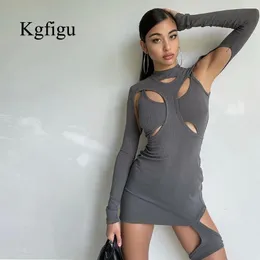 Kgfigu Fall Style Rib Black Dresses女性セクシーなカットアウトボディコンソフトミニベスティドスレディエレガントな長袖衣装220521