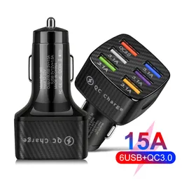 New 6 Ports Car Charger Quick Charge QC3.0 15A USB Charger For iPhone 14 Xiaomi Huawei Samsung Mobile Phone Adapter