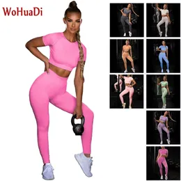 WOHUADI Seamless Women Yoga Set Short Sleeve Crop Top T shirt Bra Squat Proof Leggings Sports Workout Outfit Fitness Wear Suits 220428