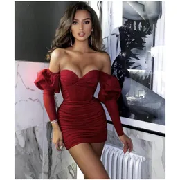 Casual Kleider Frauen Winter Mode Sexy Off Schulter Langarm Burgund Mini Verband Kleid 2022 Elegante Abend Party VestidosCasual