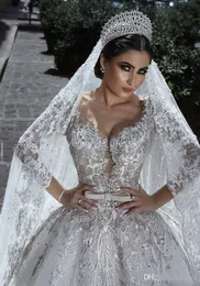 Plus Size Light Champagne V Neck Crystal Lace Ball Gown Wedding Dresses Muslim Long Sleeves Open Back Plus Size Bridal Gown CC