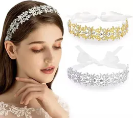 Headpieces Crystal Flowers Ribbon Bridal Headband Tiara Crown Silver Plated Wedding Hair Accessories Rhinestone Women Head Pieces