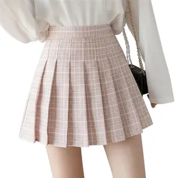 QRWR sommar kvinnor kjolar koreanska höga midja plaid mini skola tjejer sexig söt pläterad med dragkedja 220317