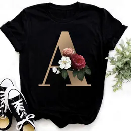 사용자 정의 이름 편지 조합 패션 T 셔츠 여성 티셔츠 꽃 A B C D E F G 짧은 소매 탑