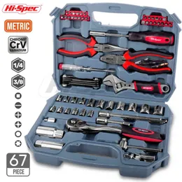 HI-SPEC 67PC 자동차 수리 도구 키트 세트 1/4 3/8 자동 기계 도구 메트릭 DIY 수공구 소켓 드라이버 세트 플라이어 박스 H220510