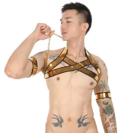 Bras Sets Body Strap Men Golden Harness Chains Sexy Bondage Chest Fetish High Elastic Lingerie Hombre Hollow Costume With Arm Band Male Cl