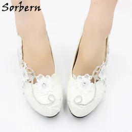 Sorbern White Flower Wedding Shoes 높은 뒤꿈치 결정 레이스 아플리케이드 신부 들러리 펌프 신발 플랫 3cm 5cm 멀티 힐 높이