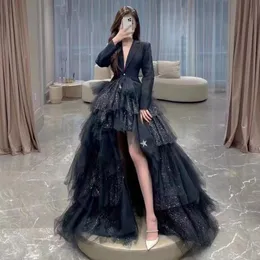 Fabulous High Low Prom Dresses Blazer V Neck Long Sleeves Evening Gowns Tiered Tulle Sweep Train Plus Size Formal Wear Black Women Suits