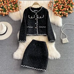 Spring autumn new women's tweed woolen black white color block coat and skirt twinset 2 pcs dress suit ML