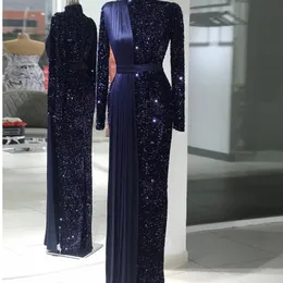 Vestidos de baile brilhantes muçulmanos para mulheres lantejoulas altas no pescoço de manga comprida Dubai Party sereia vestido de aniversário vestido de aniversário