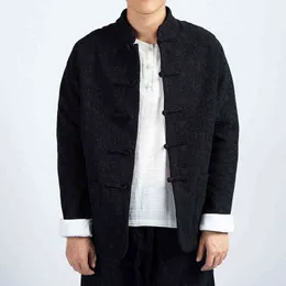 2022 Autumn Mens Linen Embroidery Hanfu Jacket Men Chinese Style Tang Fleece Jacket Male Vintage Buckle Kung Fu Coat 4XL L220706