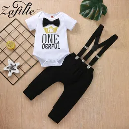 Zafille Bay Boy First Birthday Outfits Numbers "1ネクタイロンパーとオーバーオールパンツ幼児の男の子の服セット220507