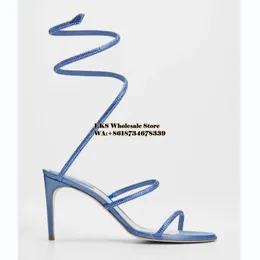 Sapatos de sandálias para mulheres lustres azuis embelezados no tornozelo de caneta de cetim, tipo cobra, alças os cristais cintilantes sandalssandals