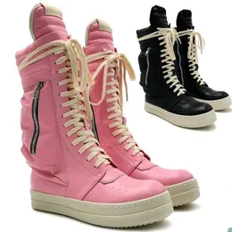 Unisex boot 2022 våren män ankel stövlar rosa svart ficka kvinnors tjocka sula cowskin läder lace-up army motorcykel boot size34-47