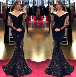 Sparkling Sequins Mermaid Evening Dresses with Long Sleeves Black Off The Shoulder Tulle Lace Appliqued Prom Party Gowns Arabic Aso Ebi Robe de Soiree BC10799 0812