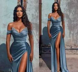 Novo vestido de baile azul 2022 sexy fora do ombro, vestido de festa noturna de alta tamanho de cetim de cetim de cetim BC10944 0SSX