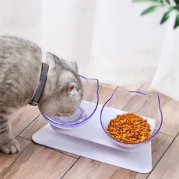 Non slip Double Cat Bowl with Raised Stand Pet Food feeder Protect Cervical Vertebra Dog bowl Transparent Products 220323