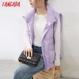 Tangada Donne Viola Oversize Senza Maniche Parka Bottoni Inverno Femminile Cappotto Caldo Soprabito ATP6 201031