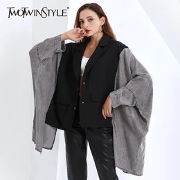 Twotwinstyle Patchwork Bat Sleeve for Female Coat Twlar Long Sleve Womens Womens Casual Coat Washwear streetwear 201026