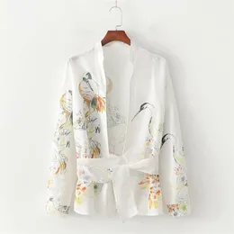 Nowe kobiety Vintage Cross V Drukowanie szyi swobodny Kimono Bluzka Chicka Chic Shirt Retro Long Rleeve Feminas Blusas Tops T200321