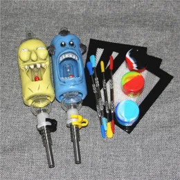 Hookah Nectar Bong Kit With Titanium Nail Quartz tip dabber tool silicone container 3D Cartoon Design 14mm Oil Rigs Glass Water pipe Bongs