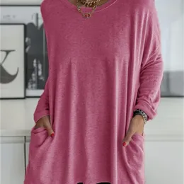 Kvinnor Autumn Fashion Tunic Top Pocket Solid Color Lous Round Neck Long-Sleeved T-Shirt Streetwear Casual Vintage Pullovers 220525